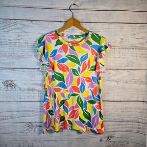 NWOT Haptics by Holly Harper Colorful Leaf Print Ruffle Sleeve Top Small or‎ Med